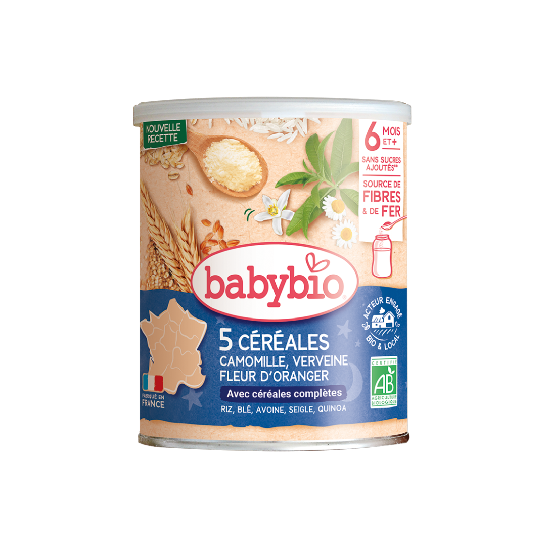 BABYBIO-5-CEREALES-VERVEINE-FLEUR-DORANGER-CAMOMILLE-220G-1.png BABYBIO 5 CEREALES VERVEINE FLEUR D'ORANGER CAMOMILLE 220G – Image 1