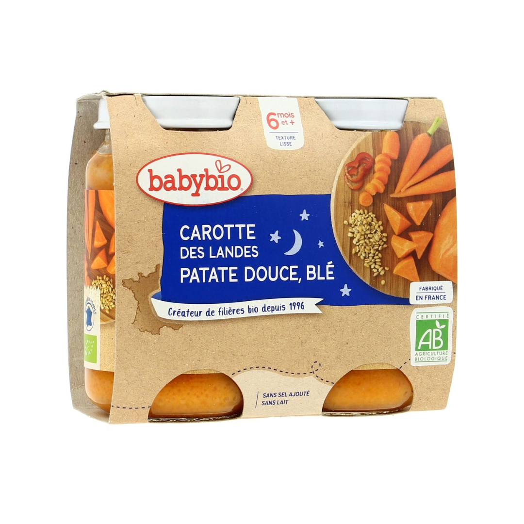 BABYBIO-BONNE-NUIT-CAROTTE-PATATE-DOUCE-BLE-2200G-1.png BABYBIO BONNE NUIT CAROTTE PATATE DOUCE ET BLE 2 x 200G – Image 1