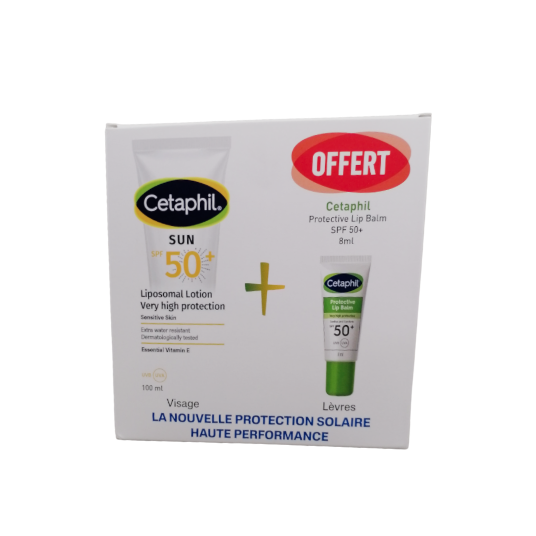 Cetaphil-Sun-lotion-spf50-100mlProtective-lip-balm-spf50-8ml-pack-1.png Cetaphil Sun Lotion Gel Spf50+ 100ml+Protective Lip Balm Format Voyage Pack – Image 1