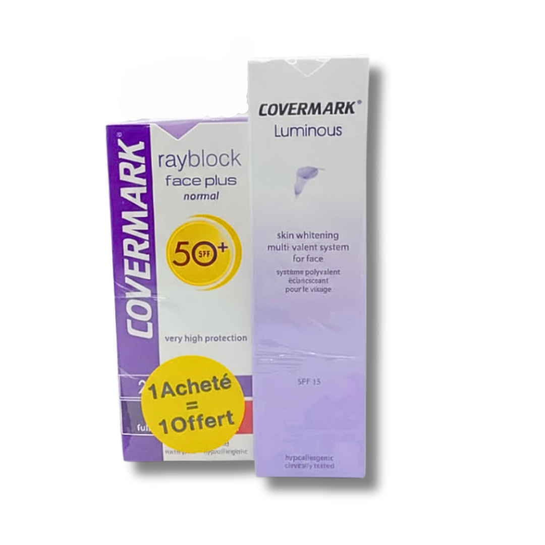 Covermark-luminous-eclaircissantRayblock-ecran-normal-invisible-pack.png Covermark luminous Eclaircissant+Rayblock Ecran Normal Invisible Pack – Image 1