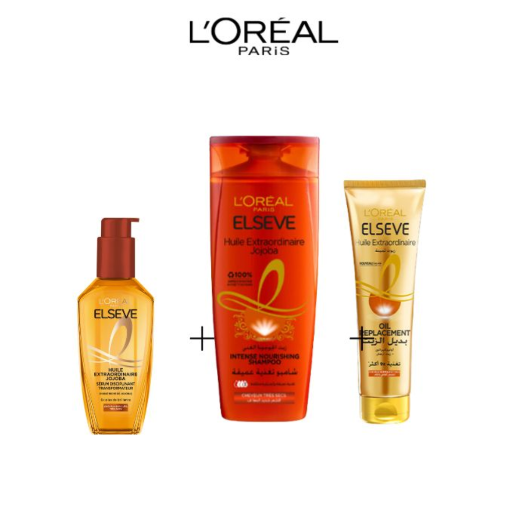 Elseve-Routine-Ex-Oil-Jojoba-Huile-100mlShamp-200mlOR-125ml-1.png L'Oreal Paris Elseve Routine Extraordinaire Oil Jojoba Huile 100ml+Shampooing 200ml+oil remplacemant125ml – Image 1