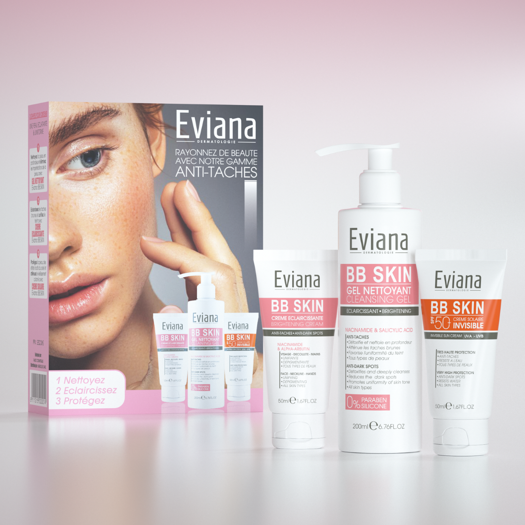Eviana-Duo-pack-Bb-Skin-Cr-eclaircissantgel-nettEcran-invisible-.png Eviana Creme Eclaircissant + Gel Nettoyant + Ecran Invisible PACK – Image 1