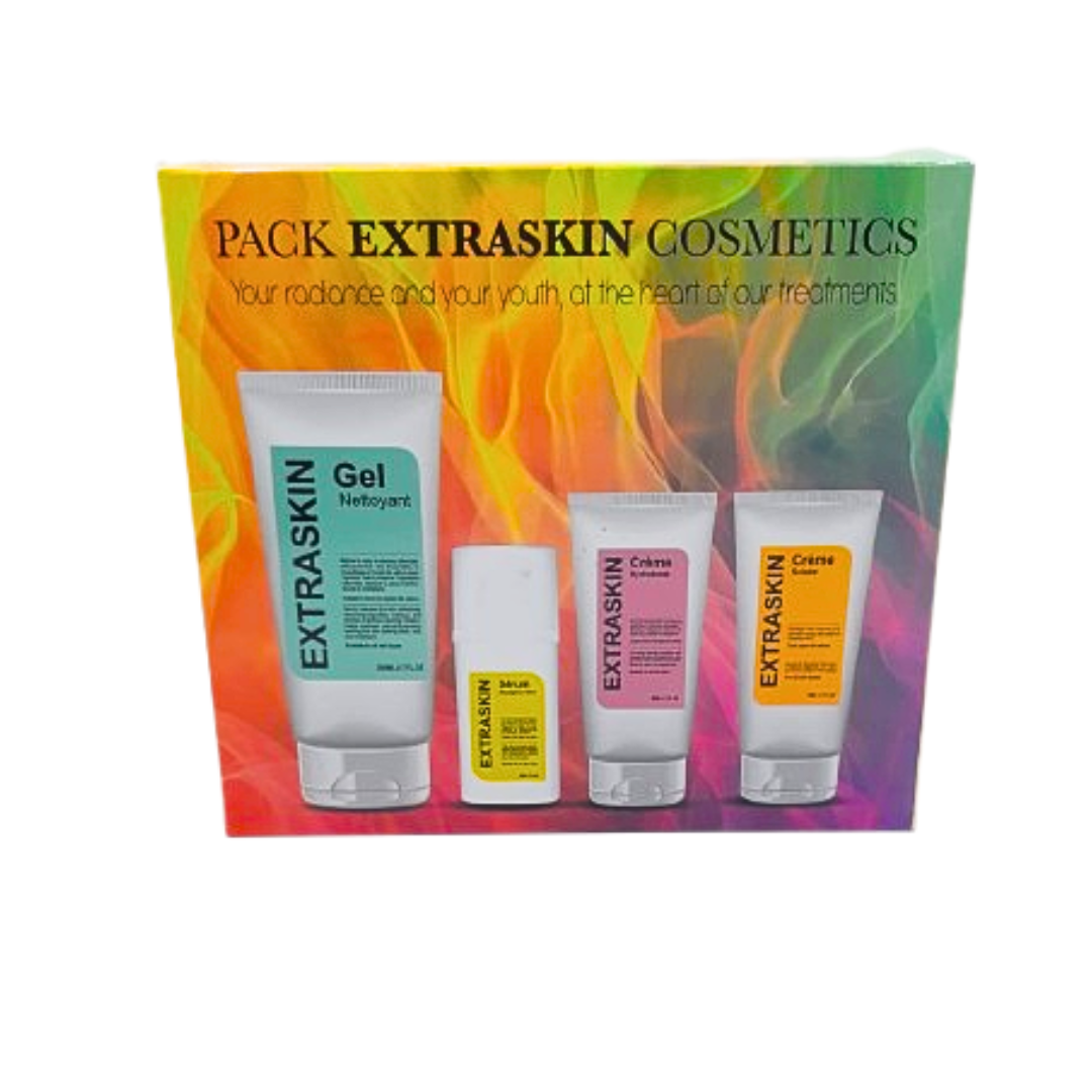Extraskin-PackGel-nett-200mlSerum-30mlCr-hyd-50mlCr-solaire-50ml-1.png Extraskin Pack Gel Nettoyant 200ml+Serum 30ml+Creme hydratant 50ml+Creme Solaire 50ml – Image 1