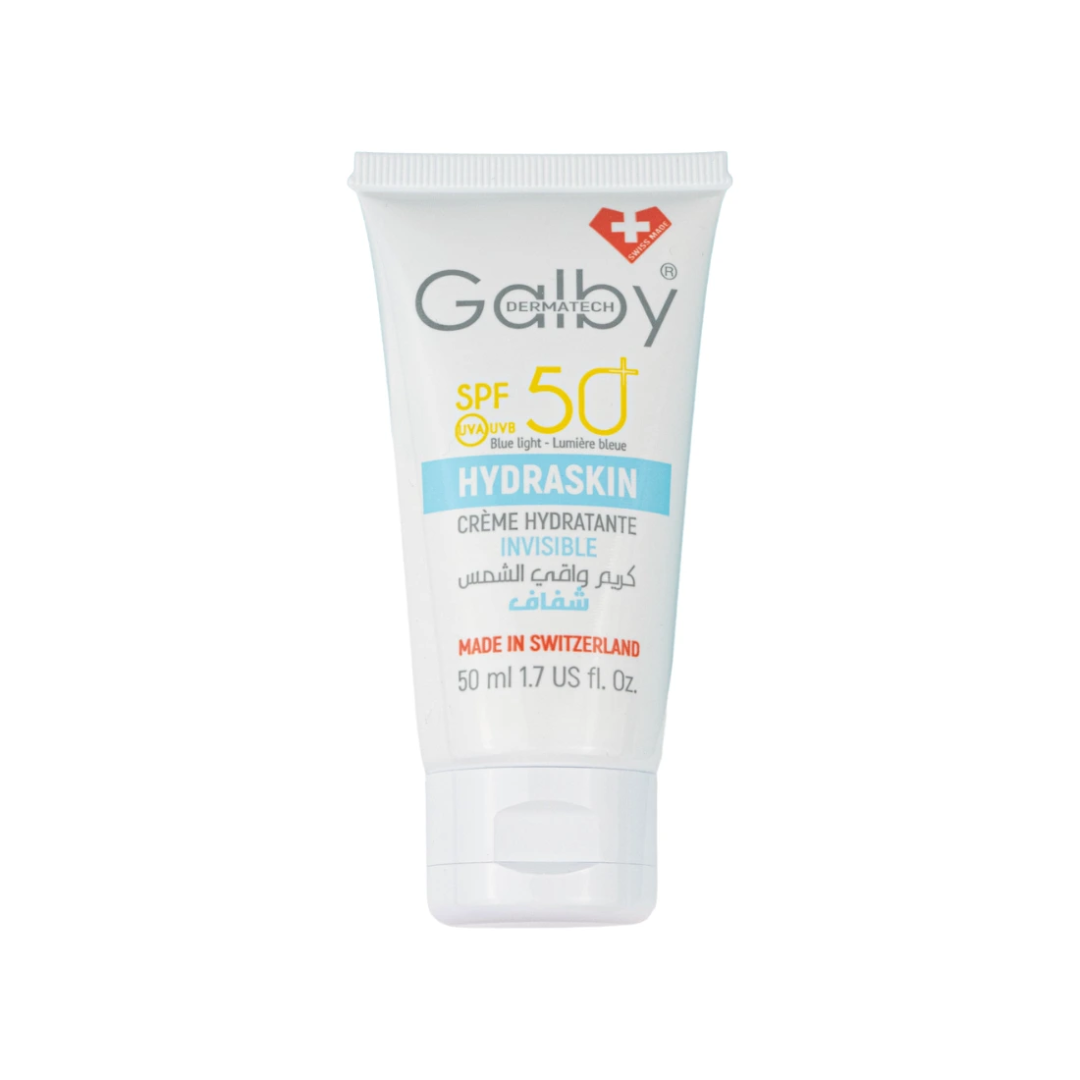 Galby-Dermatech-Hydraskin-spf50-Invisible-50ml-1.png Galby Dermatech HYDRASKIN Crème Solaire Invisible SPF50+ 50ml – Image 1