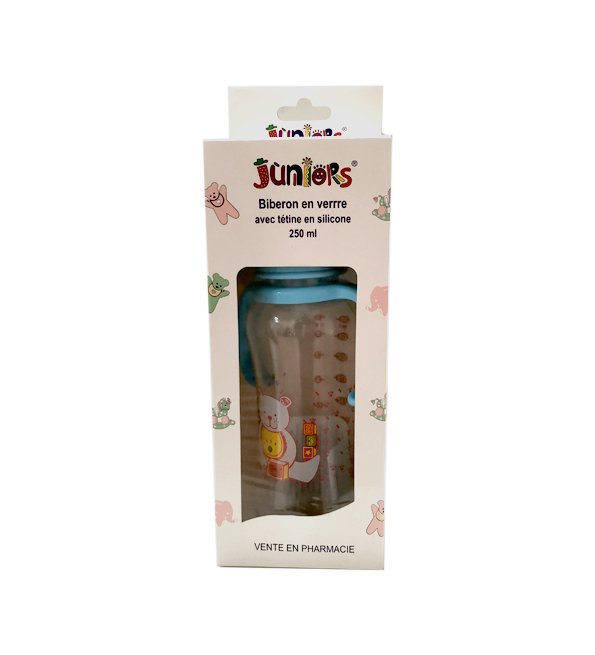 JUNIORS-BIBRONS-1-4.jpg Juniors biberons en verre+poignet GM 250ml (fille/ graçon) – Image 1