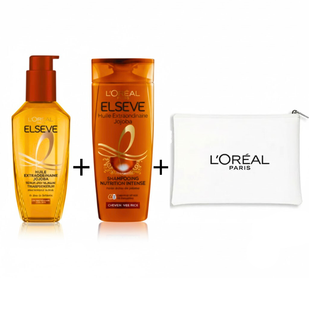 LOreal-Offre-Huile-Ex-Oil-Jojobashampoo-200mlTrousse-Blanche-1.png L'Oreal Paris Elseve Huile Extraordinaire Jojoba+shampooing 200ml+Trousse Blanche Pack – Image 1
