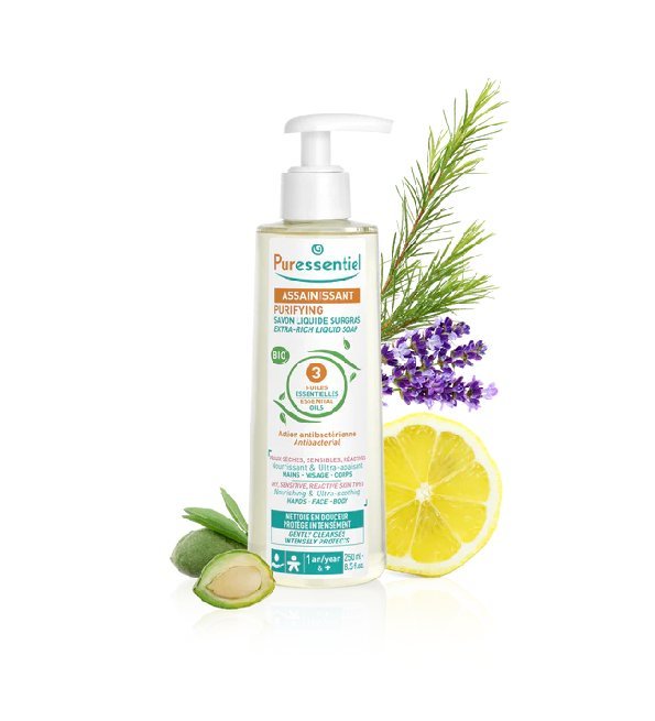 Puress-assainissant-savon-liquide-surgras-250ml-1.jpg Puressentiel assainissant savon liquide surgras 250ml – Image 1
