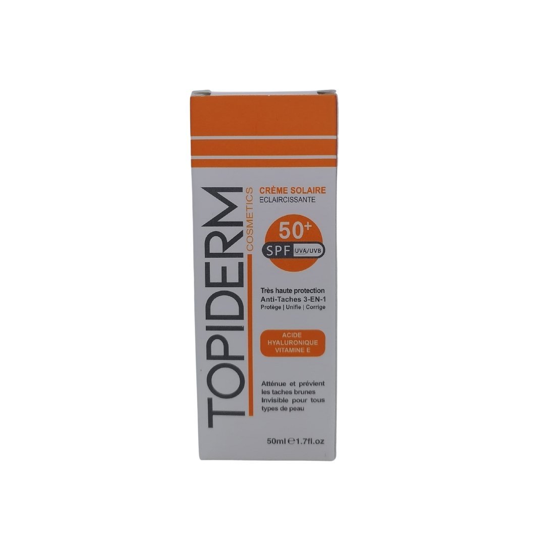 Topiderm-Lait-solaire-spf50-150ml.jpg Topiderm Ecran Solaire Eclaircissante Spf50+ 50ml – Image 1