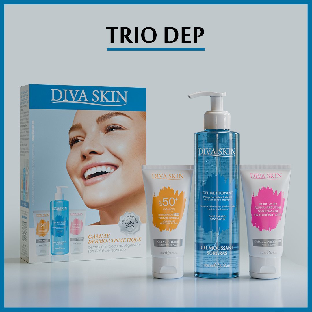 Trio-Dep-1-1.jpg Diva Skin PACK Creme Anti Taches 50ml+ Gel Nettoyant 200ml + Ecran Invisible – Image 1