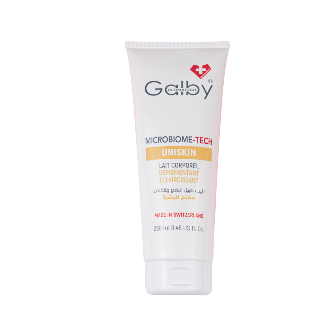 UNISKIN-MICROBIOME-TECH-Lait-Corporel-Depigmentant-Eclaircissant-1.png Galby Dermatech UNISKIN Lait Corporel Dépigmentant Eclaircissant 250ml – Image 1