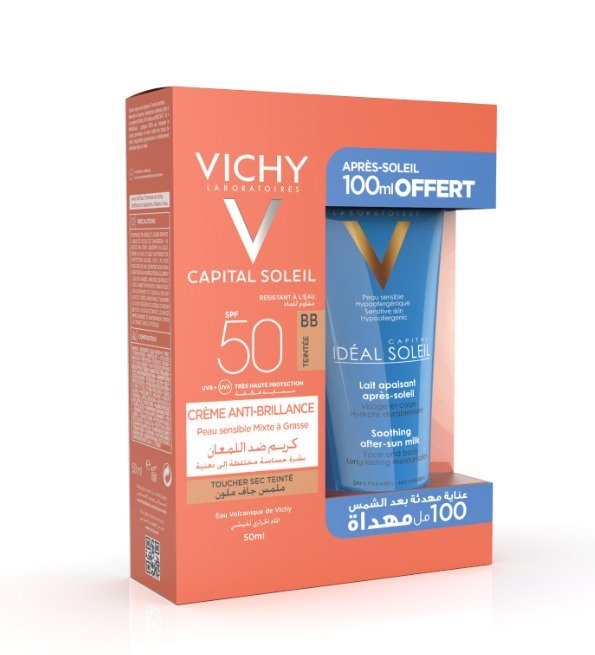 Vichy-Capital-Soleil-Creme-ANTI-BRILLANCE-tiente-PACK-1.jpg Vichy Capital soleil creme Anti Brillance Teinté + Apres Soleil 100ml Pack – Image 1