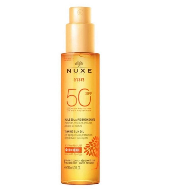 nuxe-sun-huile-solaire-bronzante-haute-protection-spf50-150ml-1.jpg Nuxe Huile Solaire Bronzante Haute Protection SPF50 Visage et Corps 150 ml – Image 1
