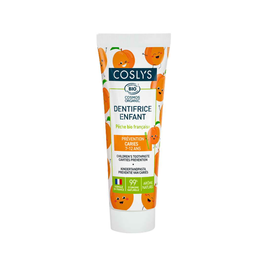 Coslys-Dent-Juniors-7-12-ans-Peche-Bio-50ml.png Coslys Dentifrice Juniors 7-12 ans Peche Bio 50ml – Image 1