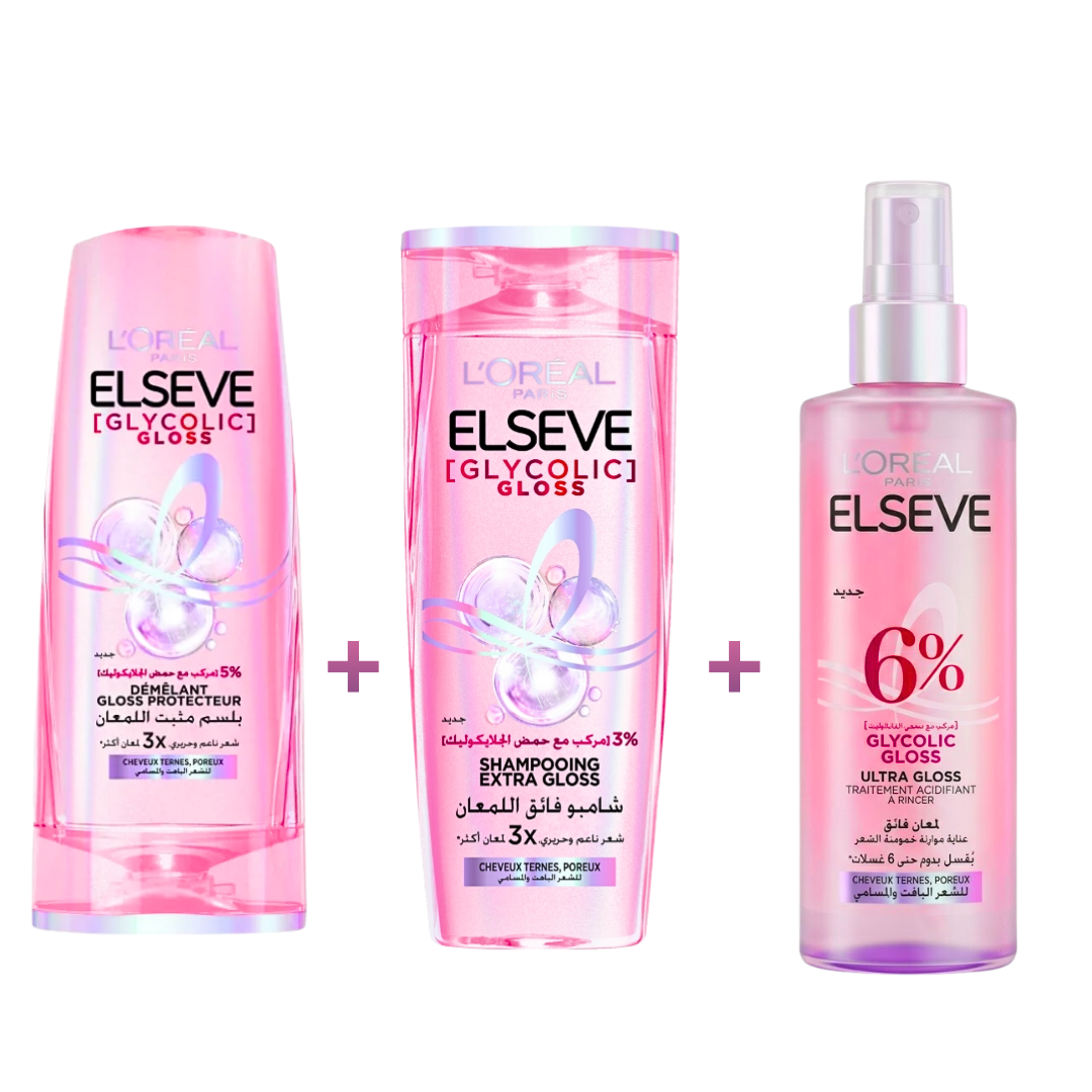 Elseve-Glycolic-Gloss-ShampooingDemelantUltra-GlossCoffret.png L'Oreal Paris Elseve Glycolic Gloss Shampooing+Demelant Gloss Protecteur+Ultra Gloss Coffret – Image 1