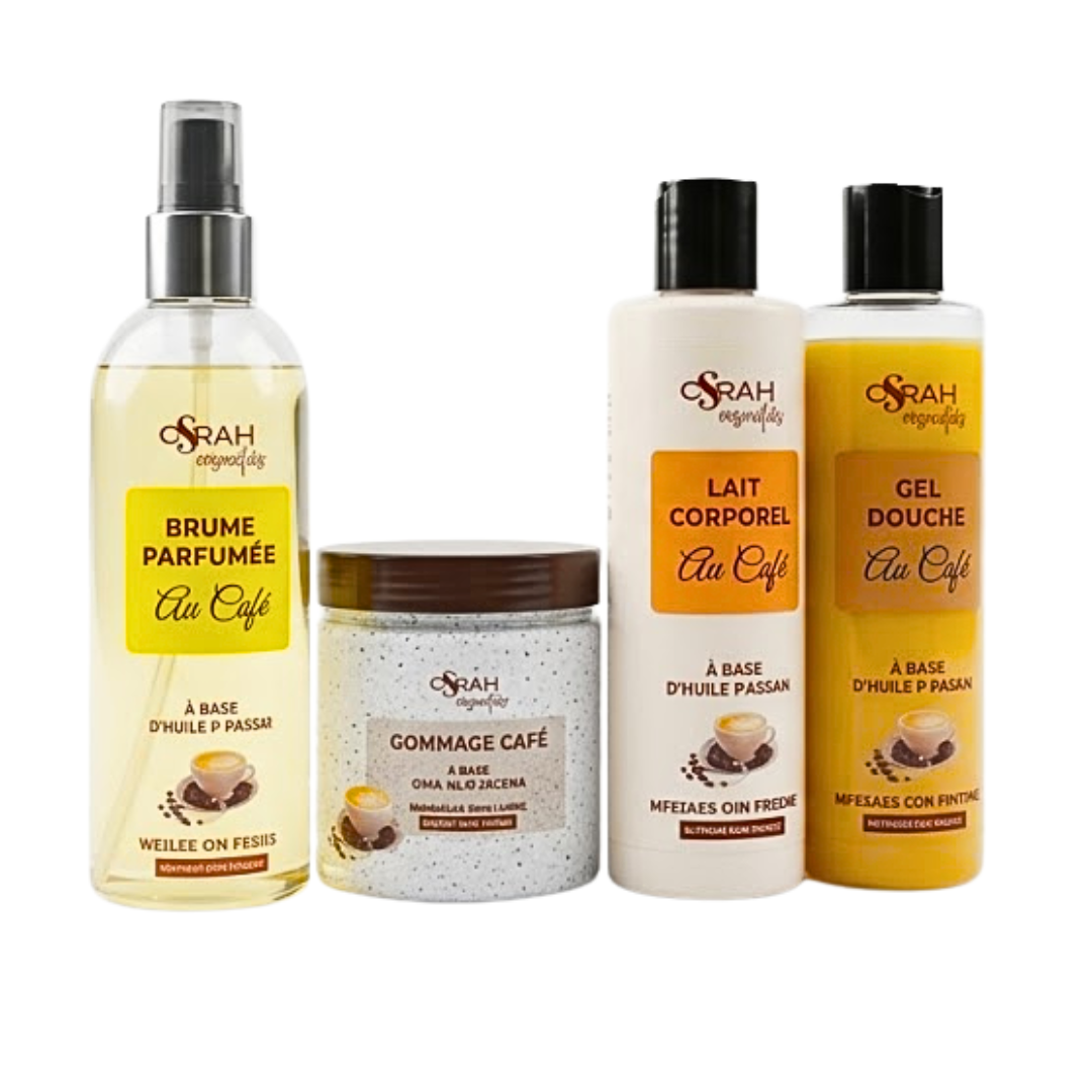 Osrah-Pack-Spa-Cafe-brumeLait-CorporelGel-DoucheGommage.png Osrah Spa Cafe Brume Parfume+Lait Corporel+Gel Douche+Gommage Cafe Coffret – Image 1