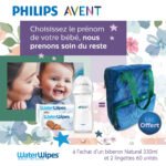 Avent Biberon Natural 260ml scf033/17+2 Lingettes Watterwips Sac