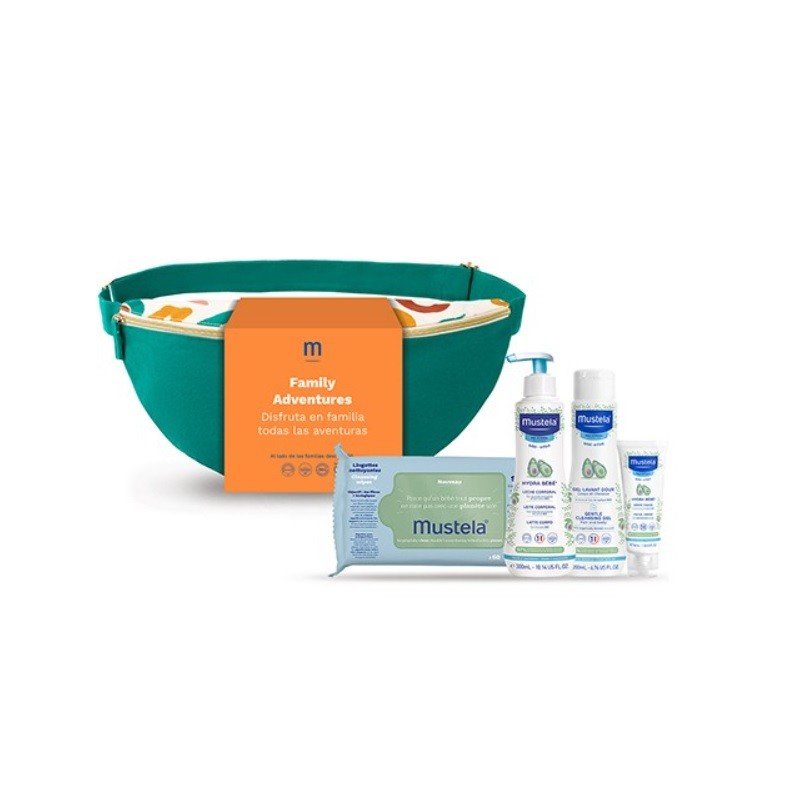 mustela-rinonera-family-adventures-couleur-vert-4-produits.jpg Mustela Sac Banane Mustela Bio + Hydra Lait + Gel Dermo Nettoyant + Hydra Bio Visage – Image 1
