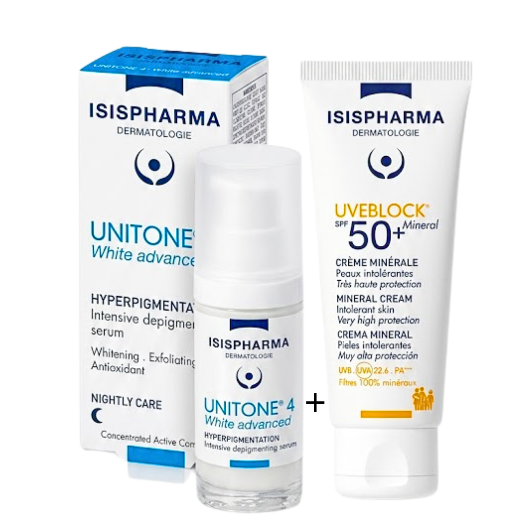 Isis-Unitone-4-White-Advanced-Uveblock-Mineral-teinte-spf50-40ml.png Isispharma Unitone 4 White Advanced +Uveblock Mineral Teinte Spf50+ 40ml Pack – Image 1