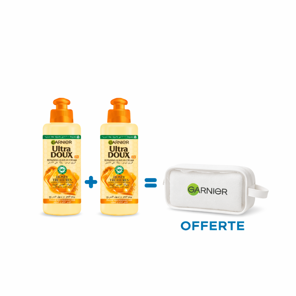 garnier-lot-de-2-hair-cream-trousse-Offerte.png Garnier Ultra Doux Smoothing Treseor de miel Leave in Cream x2 + Trousse – Image 1