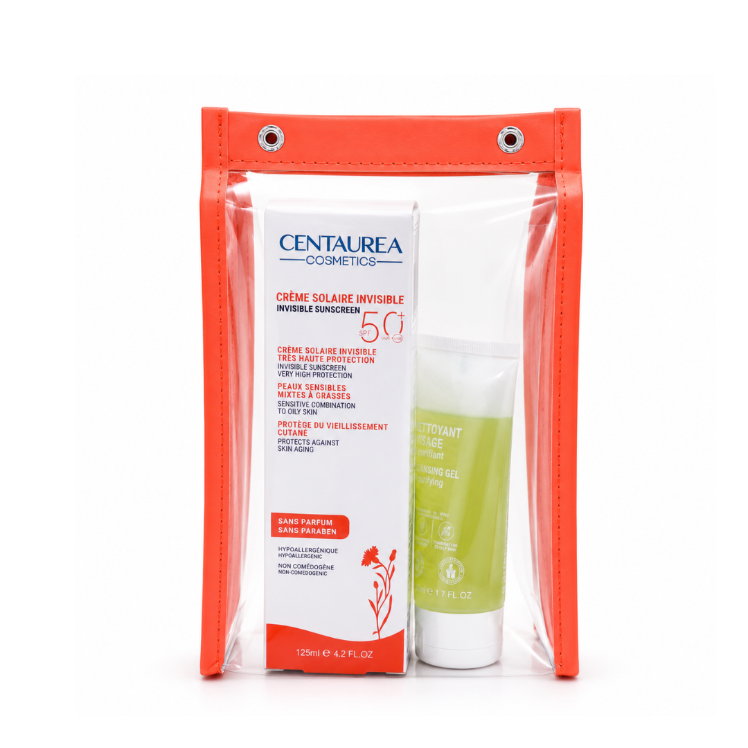 Centaurea-Cr-Solaire-Invisible-spf50125mlGel-Moussant-Ech-Trousse.png Centaurea Trousse Solaire Duo Crème Solaire Invisible SPF 50+ 125 ml + Gel Moussant Format Voyage Offert – Image 1