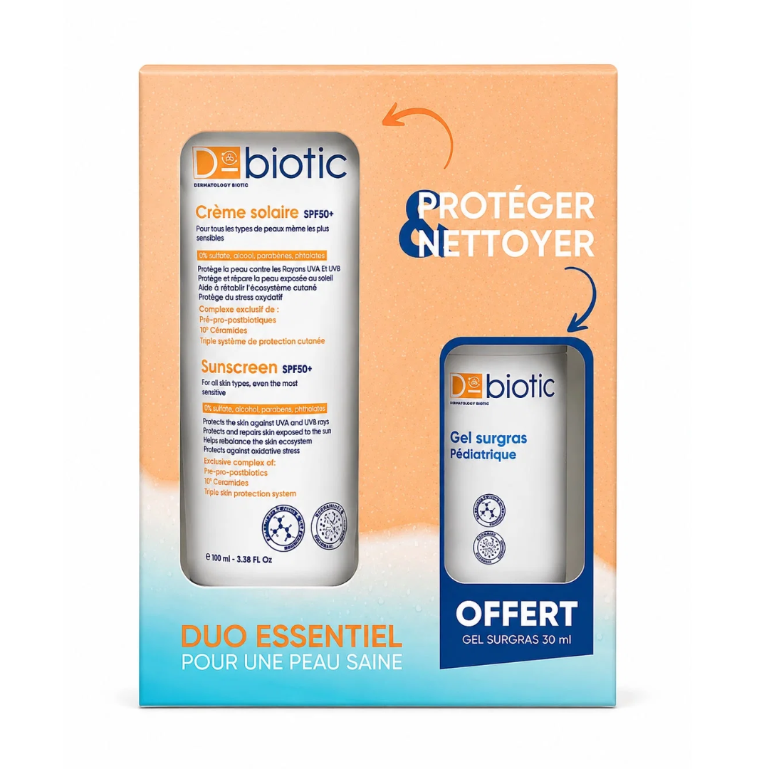 D-biotic-–-Coffret-Duo-Essentiel-Creme-Solaire-SPF-50-100-ml-Gel-Surgras-Pediatrique-30-ml-Offert.png D-Biotic Duo Essentiel Creme Solaire Spf50+ 75ml + Gel Surgras Pédiatrique 30 ml Offert – Image 1