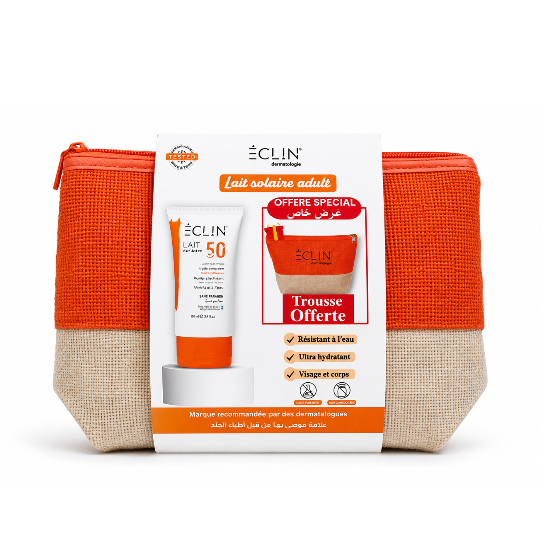 Eclin-Lait-Solaire-SPF50-150ML-Trousse.png Eclin Lait Solaire SPF50+ 150ML + Trousse Offerte – Image 1