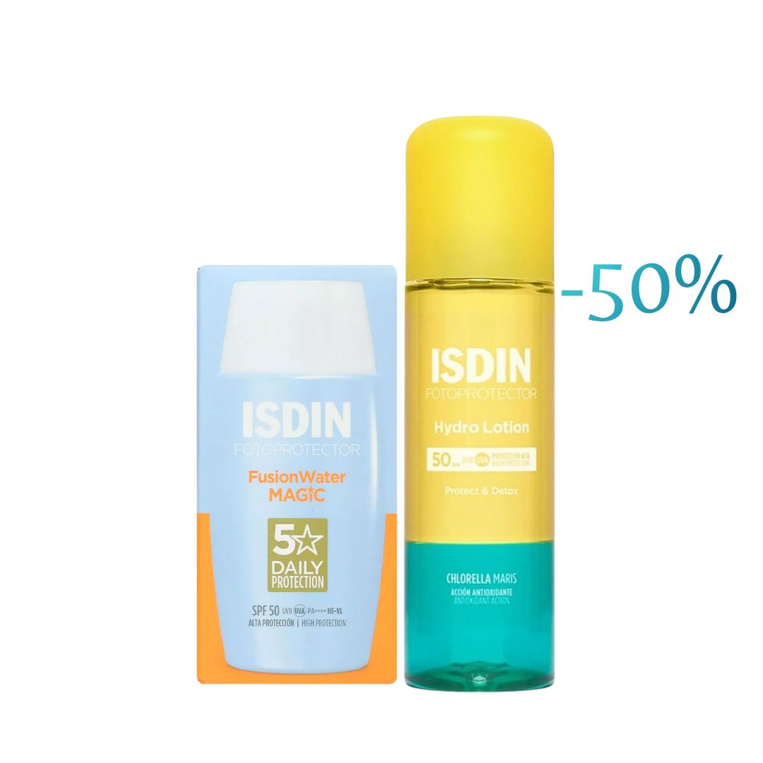 Fotoprotecteur-Fusion-water-Magic-50mlHydro-Lotion-200ml-50-Pack.png ISDIN Fotoprotector Fusion water Magic 50ml+Hydro Lotion 200ml -50% Pack – Image 1