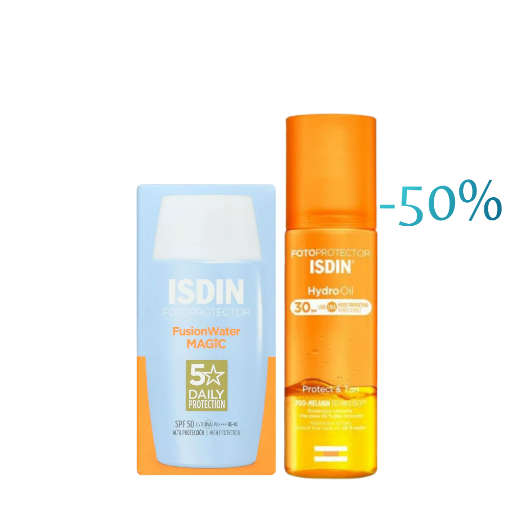 Fotoprotecteur-Fusion-water-Magic-50mlHydro-Oil-200ml-50-Pack.png ISDIN Fotoprotector Fusion Water Magic 50ml+Hydro Oil 200ml -50% Pack – Image 1