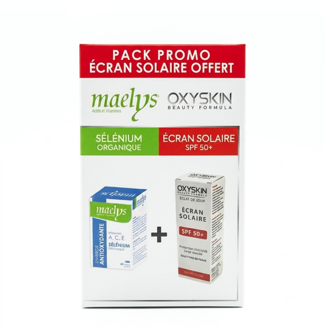 Maelys-Selenium-60-GelulesOxyskin-ecran-solaire-spf5050ml-pack.png Maelys Selenium 60 Gelules + Oxyskin Ecran Solaire Spf50+50ml pack – Image 1