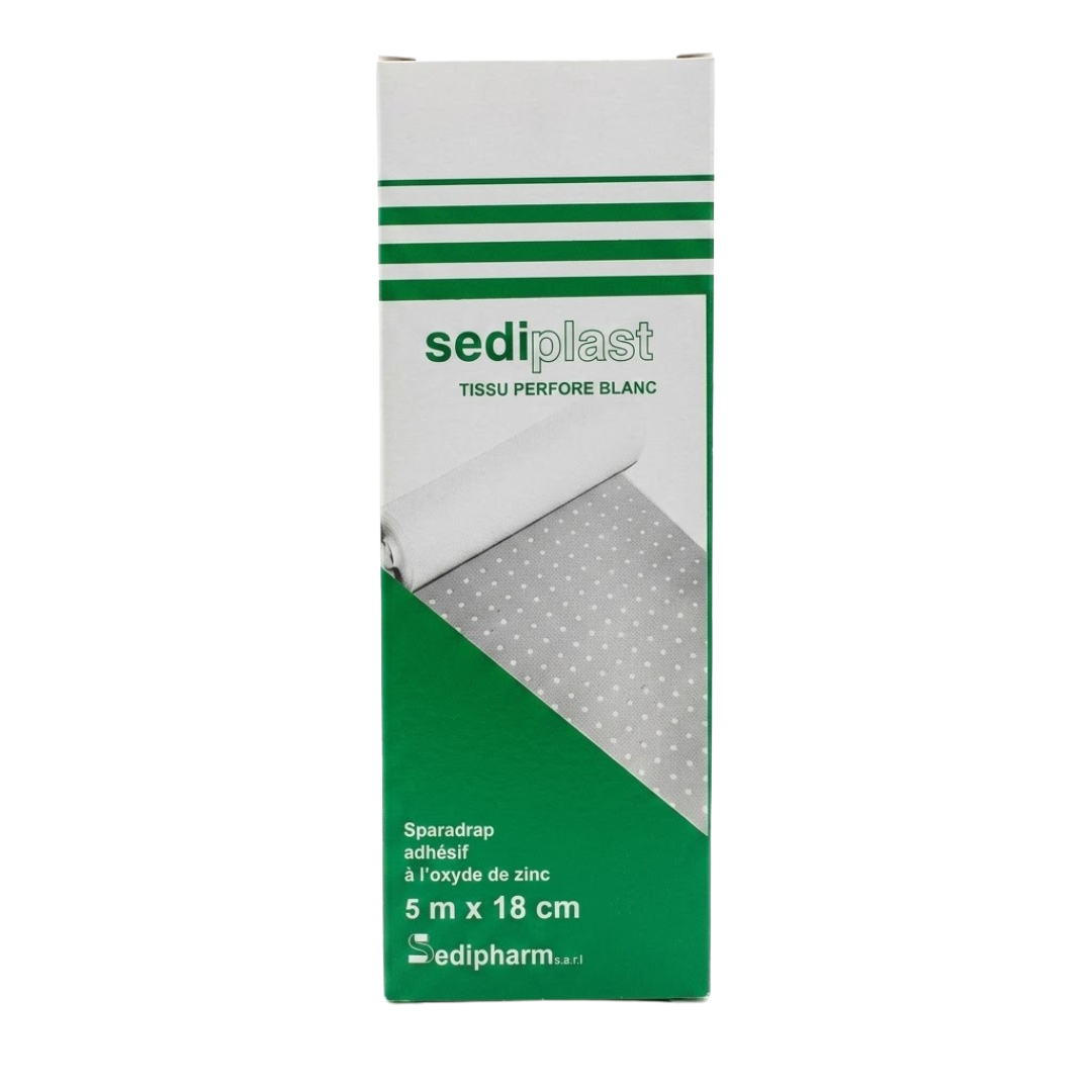 Sediplast-Sparadrap-Perfore-Blanc-5mX18cm.png Sediplast Sparadrap Perfore Blanc 5mX18cm – Image 1