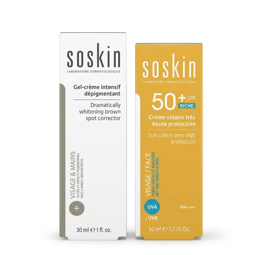 Soskin-Duo-Pack-Gel-Cr-Depigmentant-30mlCr-Solaire-Riche-50ml.png Soskin Duo Anti-Taches & Protection Solaire Creme Depigmentant 30ml + Creme Solaire Riche 50ml – Image 1