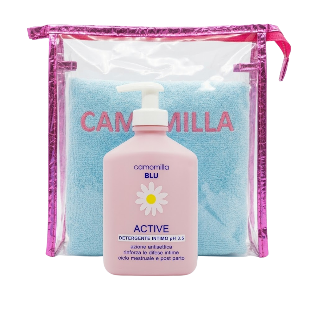 camomila-1.png Camomilla Blu Active ph3.5 Nettoyant Intime+Serviette Trousse – Image 1