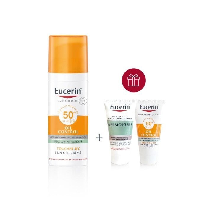 eucerin-ecran-huile-control-50mlhuile-Controle-ECHDermopure-ECH-pack.jpg Eucerin Pack Oil Control Gel-Crème Toucher Sec SPF 50++ Gel Nettoyant DermoPure Échantillon & Mini Sun Oil Control Offerts – Image 1