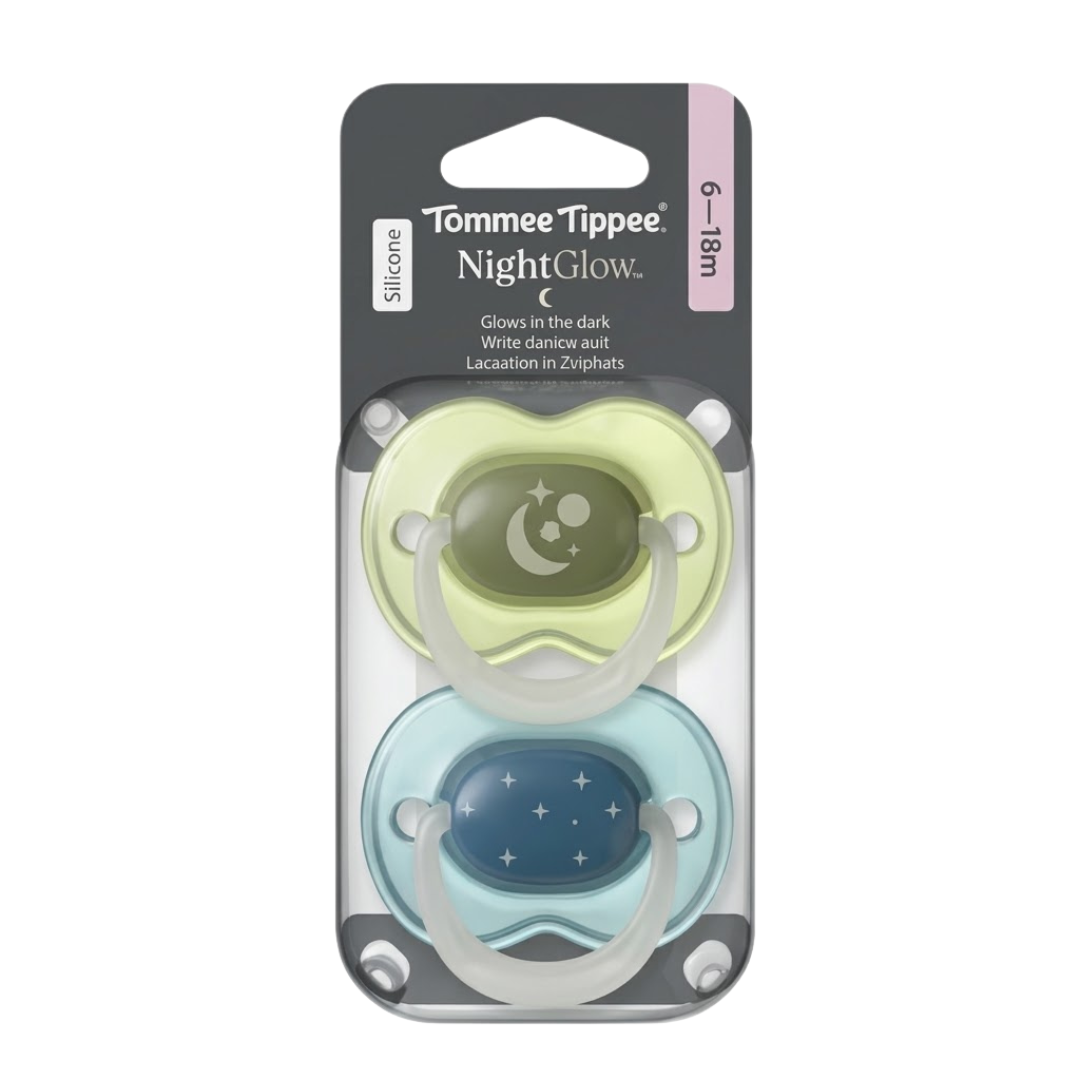 Tommee-Tippee-2-Suc-Night-Glow-6-18m.png Tommee Tippee 2 Sucettes Night Glow 6-18mois – Image 1